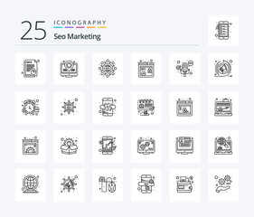 Seo Marketing 25 Line icon pack including marketing. multimedia. optimization. microphone. marketing