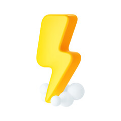 3d yellow thunderbolt with smoke cloud, lightning icons isolated on white background. Render of lightning hit, electric strike, flash of thunderbolt. 3d cartoon simple vector illustration