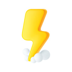 3d yellow thunderbolt with smoke cloud, lightning icons isolated on white background. Render of lightning hit, electric strike, flash of thunderbolt. 3d cartoon simple vector illustration