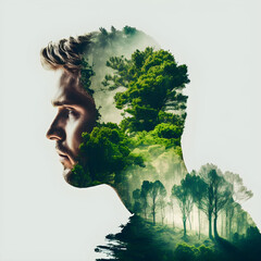 Spring Forest Man Face. Generative AI. Natural Tree and Green Theme. Nature Double Exposure Effect.