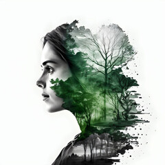 Woman Face Plant Ecology. Generative AI. Natural Tree and Green Theme. Nature Double Exposure Effect.