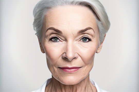 Portrait of elder female on gray background. Close up shot of elegarnt mature woman looking at camera, Generative AI. Elderly female portrait, person in years.