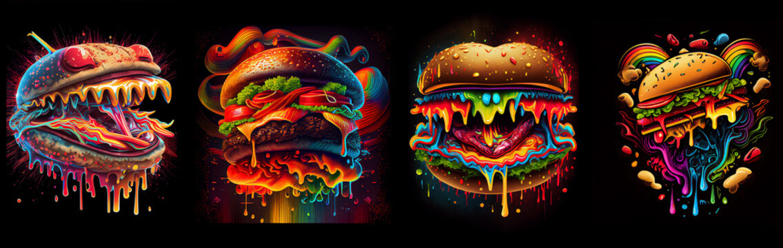 Set of burgers with monster jaw. AI Generative.
