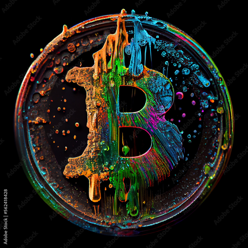 Poster bitcoin with dripping colorful paints. generative ai.