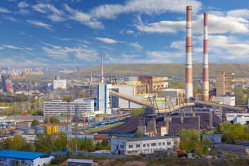 View on Thermal power plant or Krasnoyarsk TEP-2 in Krasnoyarsk, Russia. one of the largest TPP Siberia. Object that have a strong negative impact on the environment