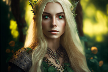 Female Elf with beautiful green eyes in a wood, Generative AI. Blonde female elf portrait on a floral background. Faitytale elf background. - obrazy, fototapety, plakaty