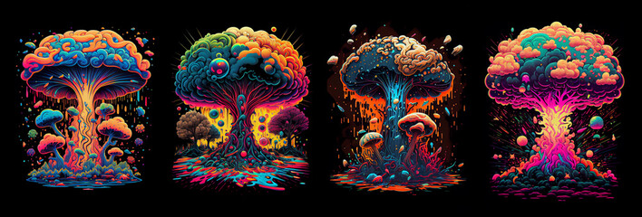 Set of psychedelic dripping cartoon nuclear explosion and mushrooms. Generative AI.