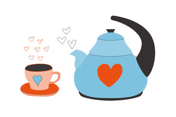Cute teapot and cup with hearts. Vector flat illustration