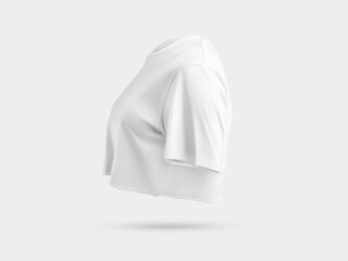White t-shirt template with cropped bottom, 3D rendering side view, female empty crop top fits on the chest, isolated on background.