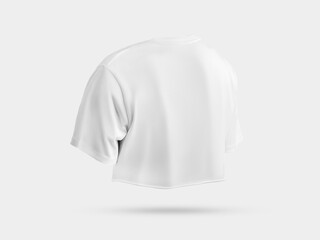 White t-shirt mockup cropped at the bottom, 3D rendering back view, female fashion crop top, isolated on background.