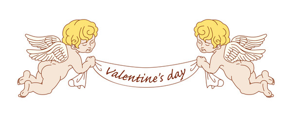 Two cupids holding banner which include text 