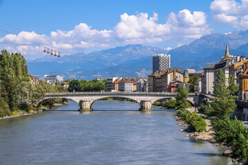 Grenoble-Bastille cable car, five bubbles on sling, transport to hill and fortress of Bastille...