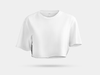 White crop top mockup with round neckline, 3D rendering, female t-shirt with label, isolated on background, front view.
