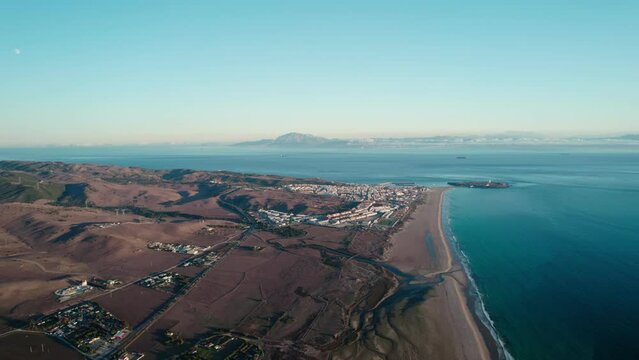 drone view of the city of Tarifa and Africa