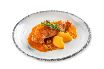 Chicken fillet baked in tomato sauce with mashed potatoes, served on a plate, isolated on a white background