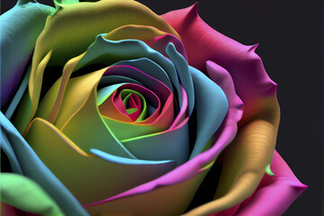Rainbow rose with water drops, close-up illustration. Generative AI.