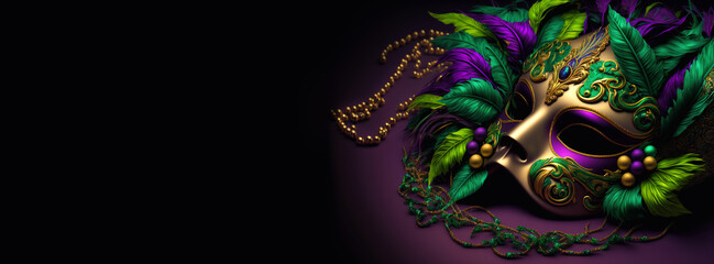 Mardi gras banner background. Golden carnival mask with colorful beads. Digital illustration, Generative AI