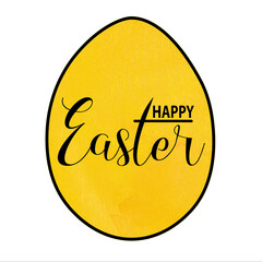 Happy Easter greeting card illustration background square  - egg and lettering text on yellow watercolor paint blob splash brush background isolated on white texture