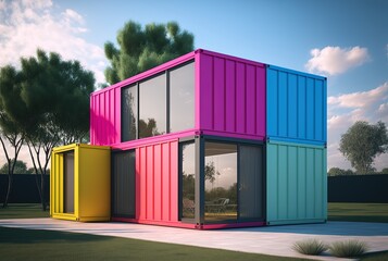 Obraz premium concept of sustainability and recycle , container box remake as restaurant, office or house, modern and minimalism design, idea for sustainability environmental preservation, Generative Ai