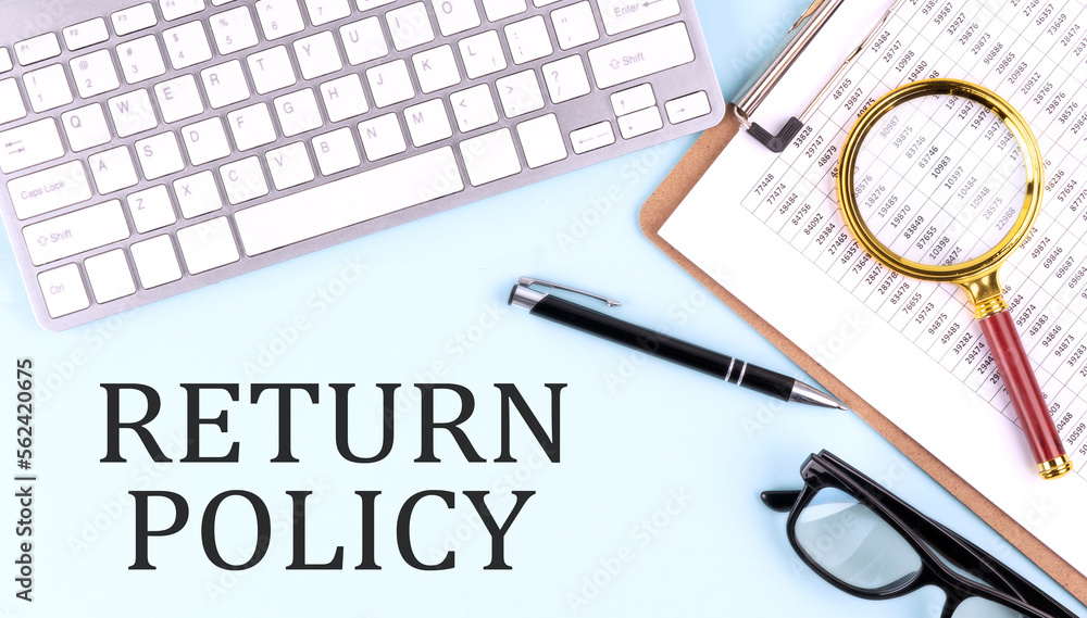 Poster return policy text on blue background with keyboard and clipboard, business concept