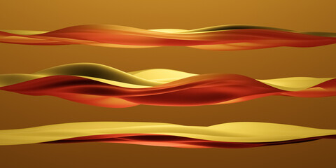 Abstract red, yellow golden floating curvy 3D waveform object or sound waves background