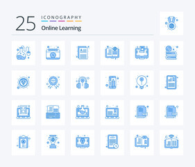 Online Learning 25 Blue Color icon pack including education. online. documents. knowledge. book