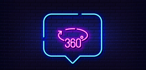 Neon light speech bubble. 360 degrees line icon. VR simulation sign. Panoramic view symbol. Neon light background. 360 degrees glow line. Brick wall banner. Vector