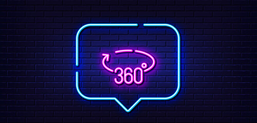 Naklejka premium Neon light speech bubble. 360 degrees line icon. VR simulation sign. Panoramic view symbol. Neon light background. 360 degrees glow line. Brick wall banner. Vector