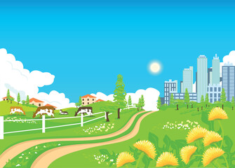Summer landscape with a road from the village to the city. A farm with cows near a big city against a blue sky with clouds. Vector illustration.