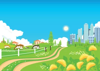  Summer landscape with a road from the village to the city. A farm with cows near a big city against a blue sky with clouds. Vector illustration. © Mykhailo