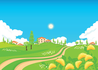 Fototapeta premium Rural landscape with farms and a country road. Summer in the village. Vector illustration of a farm with cows in a flat style.