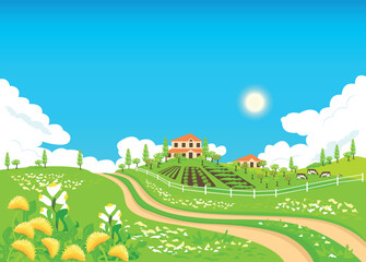 Rural landscape with farms and a country road. Summer in the village. Vector illustration of a farm with cows in a flat style.