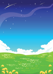 beautiful landscape with a blue sky turning into starry space, clouds, a flowering meadow and yellow flowers close-up. The earth is beautiful. Take care of the environment. Vector.