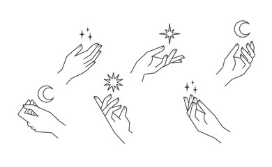 Aesthetic hands vector linear illustrations. Stylized elegant hand drawings with different gestures.