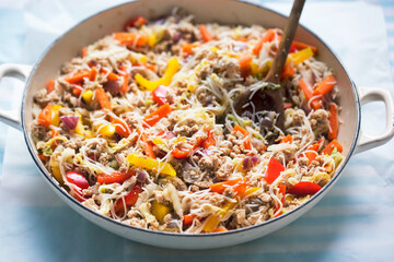 Minced chicken stir-fry with red, yellow peppers and  rice noodles