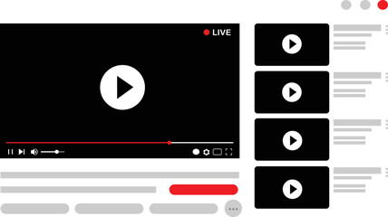 Live video streaming, broadcasting, multimedia video player template vector illustration