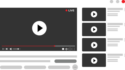 Live video streaming, broadcasting, multimedia video player template vector illustration