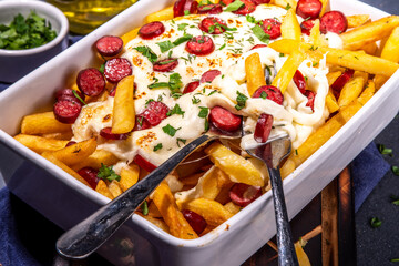 Pizza loaded french fries. Homemade Pepperoni and Cheese Pizza French Fries. Oven baked french fries potato casserole with cheese, pepperoni salami and herbs