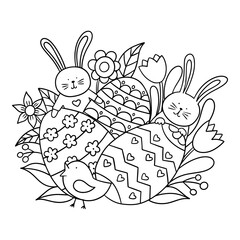 Easter coloring. Vector illustration with rabbit, eggs and flowers isolated on a white background. 