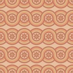 Groovy seamless pattern with geometric shapes and flowers.