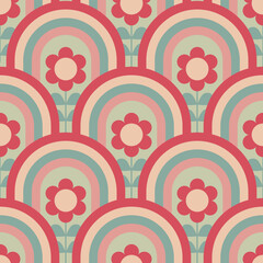 Groovy seamless pattern with geometric shapes and flowers. Vector illustration.