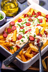 Pizza loaded french fries. Homemade Pepperoni and Cheese Pizza French Fries. Oven baked french fries potato casserole with cheese, pepperoni salami and herbs