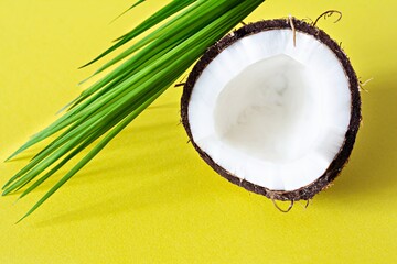 Ripe coconut with palm leaves on a  yellow background. Summer fruits, healthy eating concept and Spa.