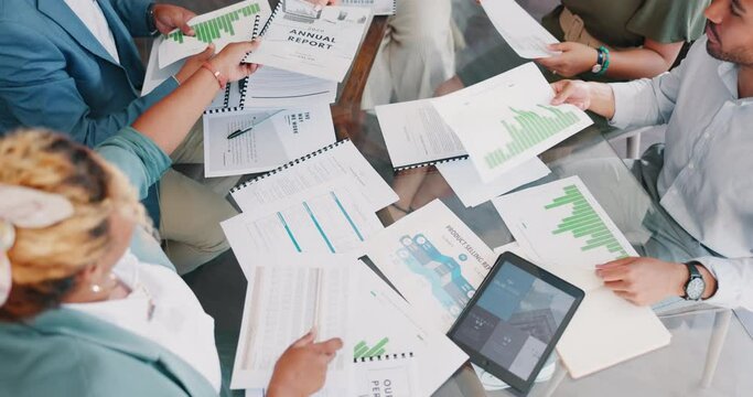 Business meeting, documents and report planning for marketing team, kpi research collaboration or strategy development. Teamwork, statistics paperwork and data analysis management at office table