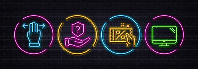 Discount coupon, Protection shield and Multitasking gesture minimal line icons. Neon laser 3d lights. Computer icons. For web, application, printing. Sale flyer, Insurance claim, Swipe. Vector