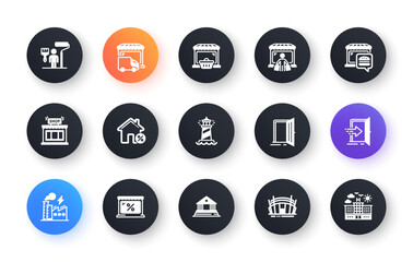 Minimal set of Entrance, Online market and Delivery truck flat icons for web development. Painter, Lighthouse, Loan house icons. Arena stadium, Market, Shop web elements. Vector