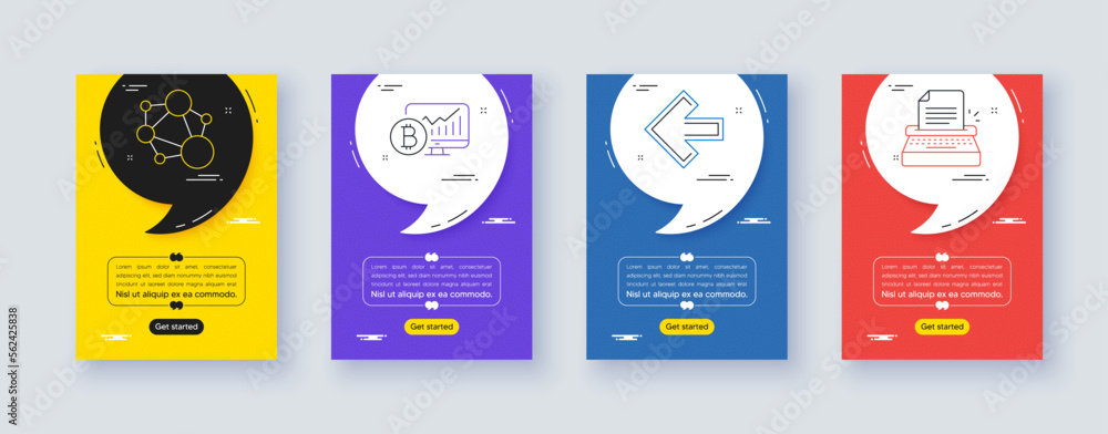 Poster set of bitcoin chart, left arrow and integrity line icons. poster offer frame with quote, comma. inc