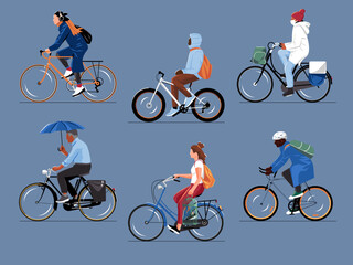 Cyclists . Illustration of various people cycling. Group of people with different ages, ethnicities, styles riding bicycles. Vector.