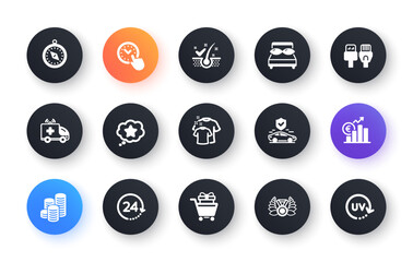 Minimal set of Coins, Transport insurance and Computer cables flat icons for web development. Pillows, Laureate medal, Travel compass icons. 24 hours, Clean t-shirt, Loyalty star web elements. Vector