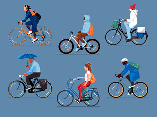 Naklejka premium Cyclists . Illustration of various people cycling. Group of people with different ages, ethnicities, styles riding bicycles.
